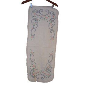 Vintage Blue Multicolor Floral handmade embroidered Lace Dresser scarf runner
